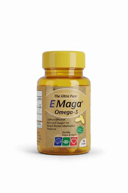 Yellow bottle of E Maga Omega-3 supplement on a white background