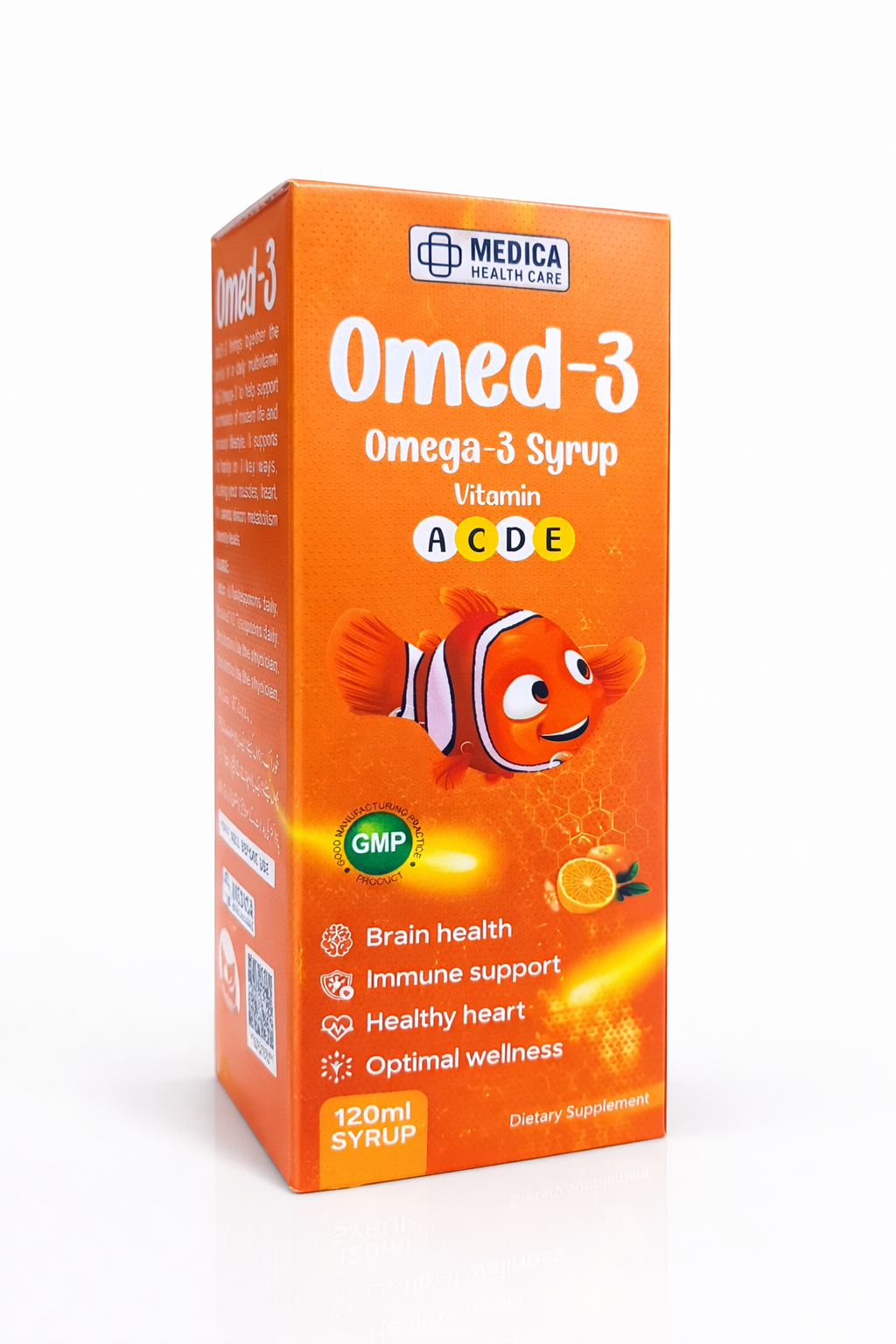 Omed-3 Omega-3 Syrup packaging with a cartoon fish on an orange background