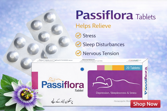 Passiflora tablets packaging with a flower on a light blue background