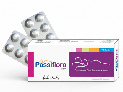 Passiflora tablets and packaging on a white background