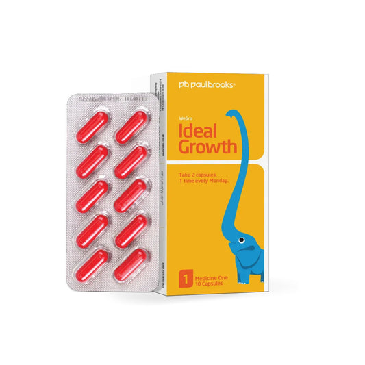 Red capsules in a blister pack next to an 'Ideal Growth' medication box on a white background