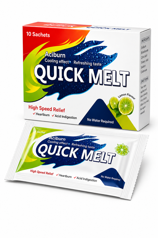 Quick Melt Aciburn cooling relief sachets shown as a 10-sachet box and one individual foil packet on a clean white background.