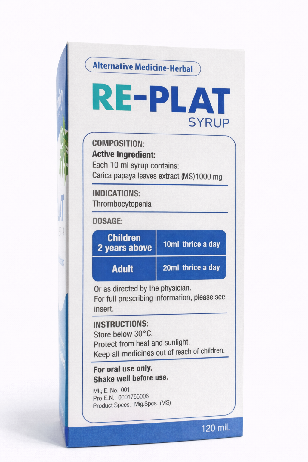 RE-PLAT syrup packaging with blue and white design on a white background