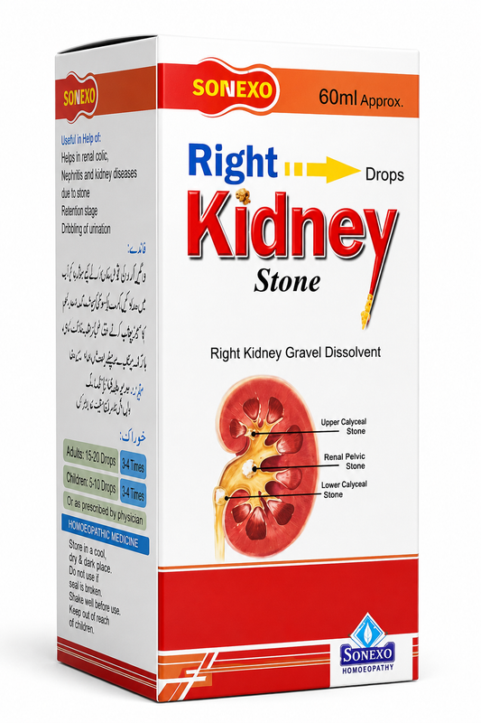 Box of Sonexo Right Kidney Stone Drops with medical illustration on a white background