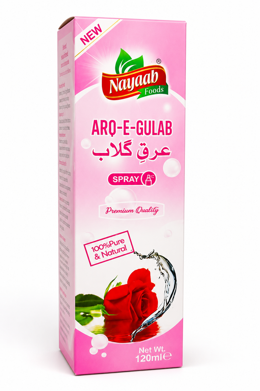 Nayaab Foods Arq-e-Gulab spray packaging on a white background