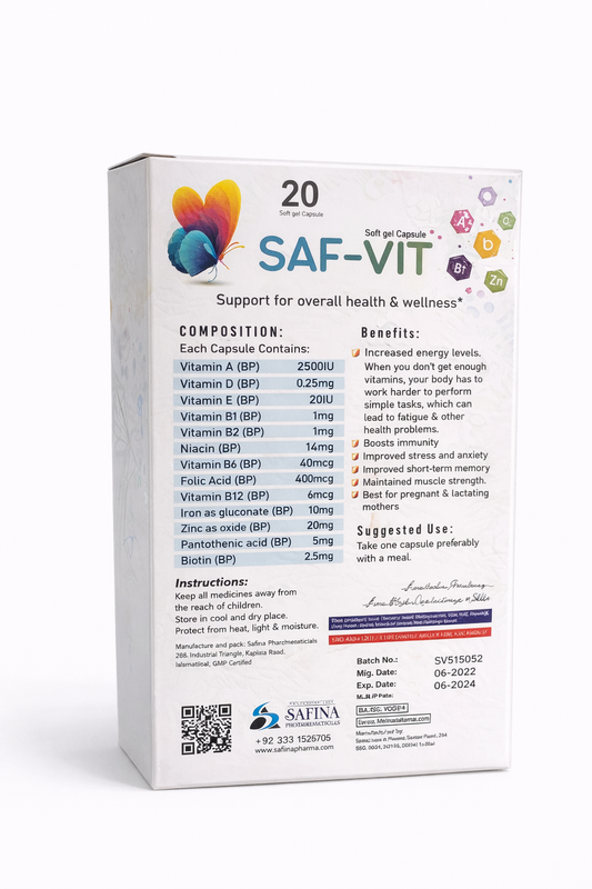 SAF-VIT vitamin supplement packaging on a white background