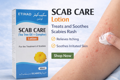 Etihad Scab Care Lotion packaging with a person applying the lotion to their arm.