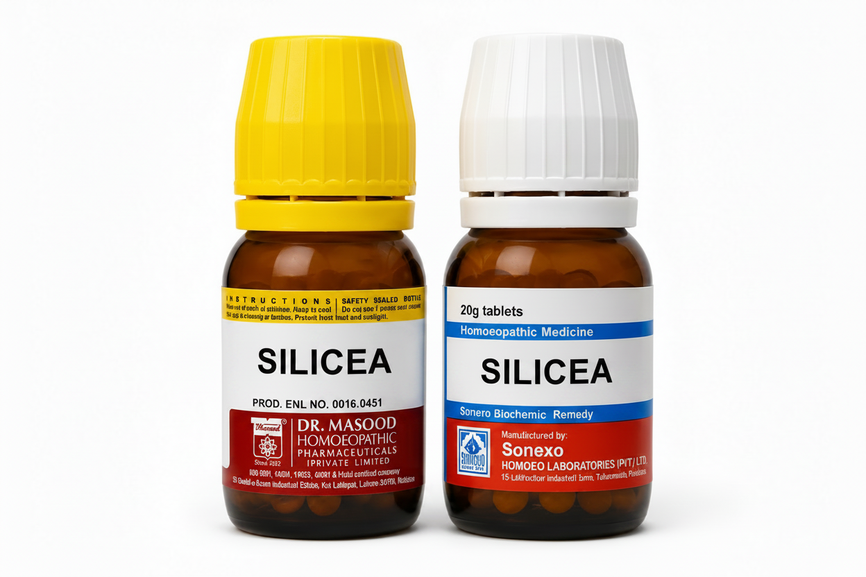 Two amber glass bottles of homeopathic medicine on a white background. The left bottle has a yellow cap and a label for Dr.