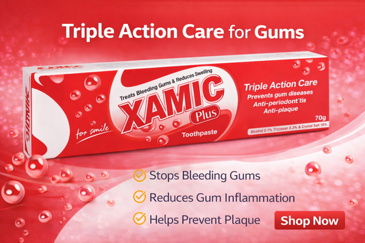Xamic Plus toothpaste tube with red background and promotional text.