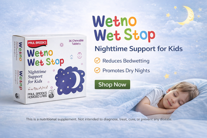 Advertisement for Wetho Wet Stop night-time support for kids with a child sleeping in bed.
