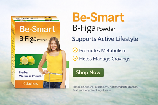 Be-Smart B-Figa Powder packaging with a woman and lemon graphics on a light background