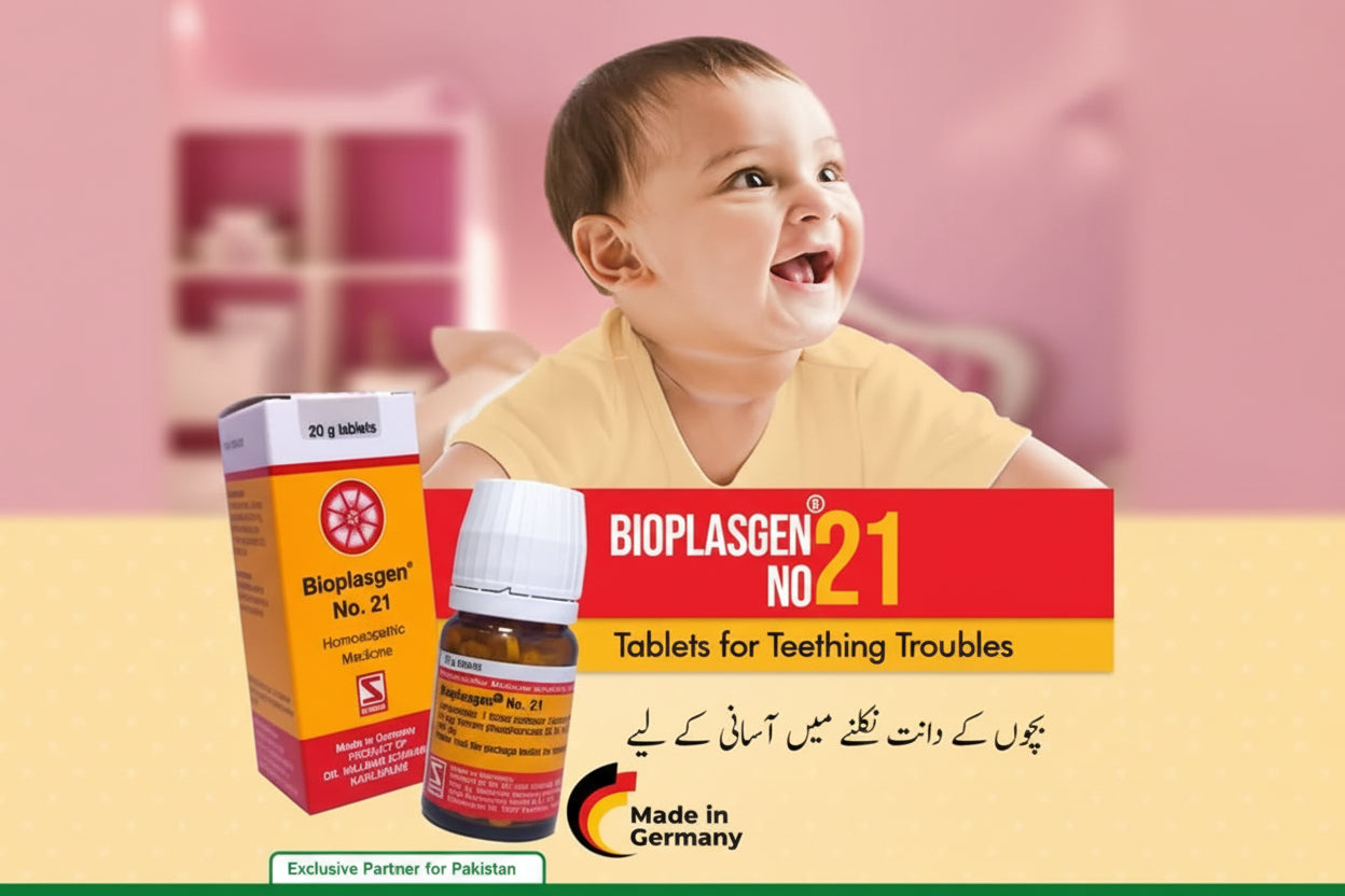 Advertisement for Bioplasgen No. 21 tablets for teething troubles with a child and product packaging.