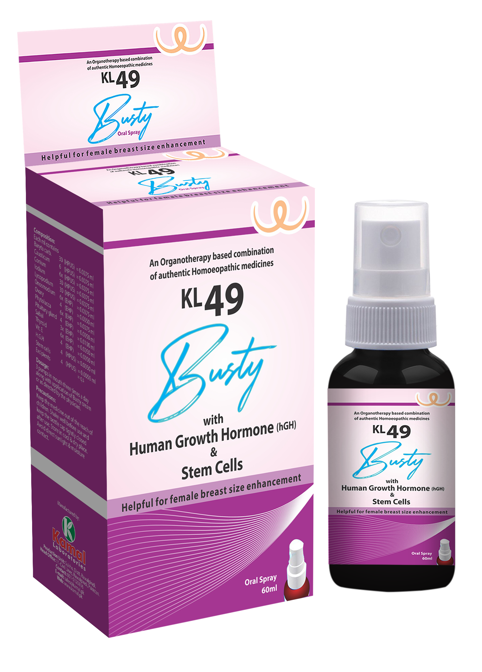 KL49 Busty product packaging and bottle on a white background