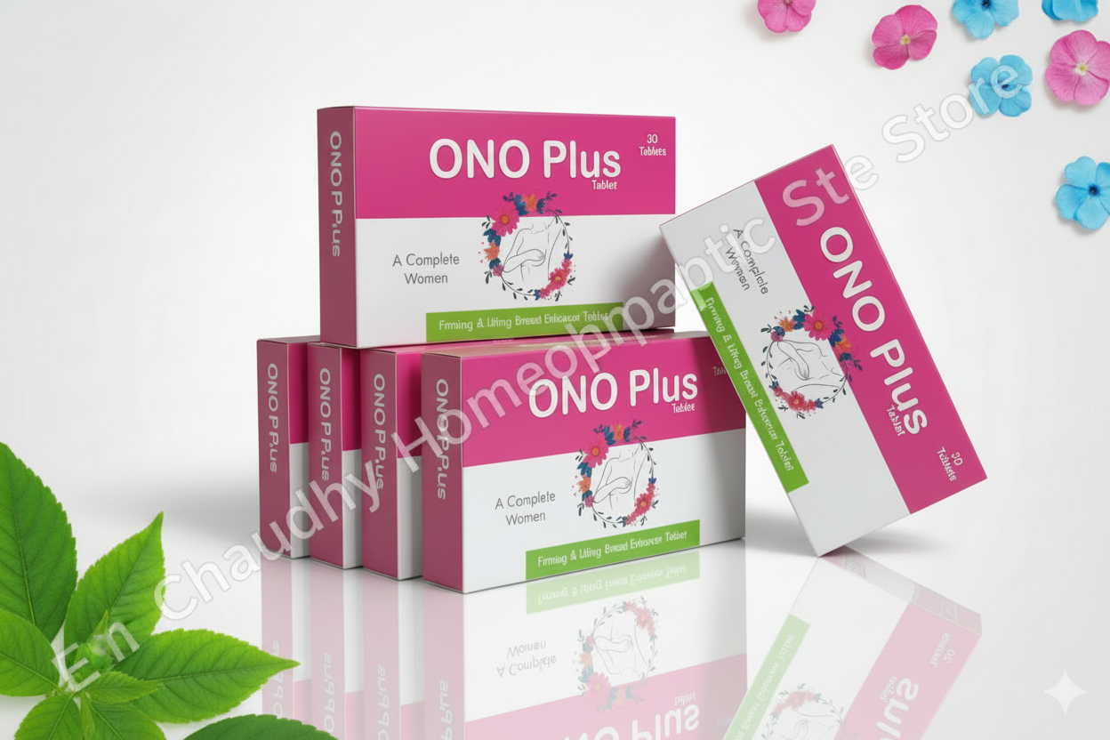 Box of ONO Plus tablets on a white background with decorative elements